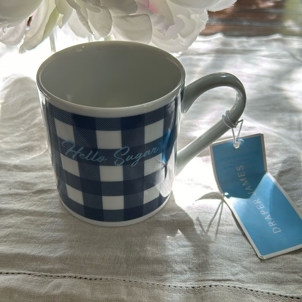 Draper James NEW Mug Coffee Cup Nassau Navy Blue White Gingham Check Hello Sugar